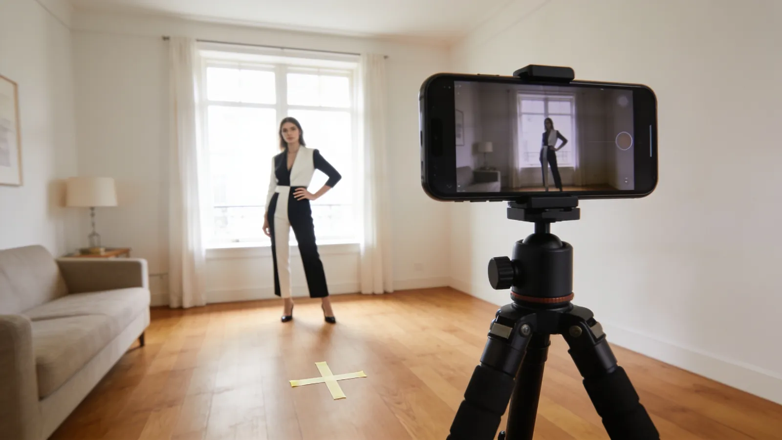 Съемка себя без помощника: смартфон на штативе направлен на модель у окна, на полу метка для позы
