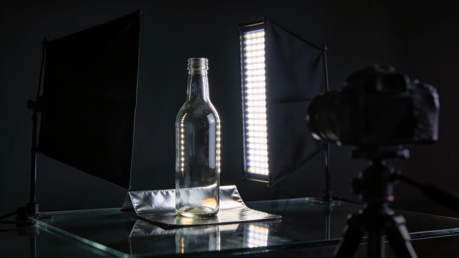Схема света для прозрачного и глянцевого товара: контровая LED-панель, чёрные флаги и отражающая поверхность в студии