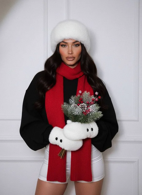 A high-detail winter holiday portrait of the same woman standing indoors against a clean white wall with soft studio lig