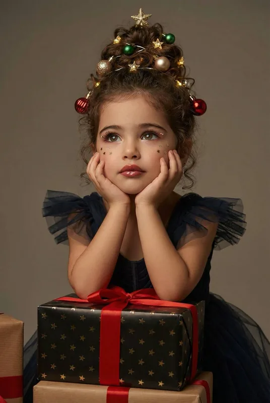 Ultra-detailed studio portrait titled “Festive Daydream”. A young girl posed in a whimsical holiday-inspired setup, lean