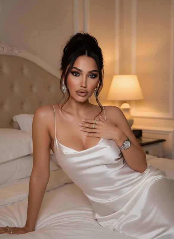 A high-end editorial portrait of a woman reclining elegantly on a hotel bed in a luxurious classic interior. Long hair s