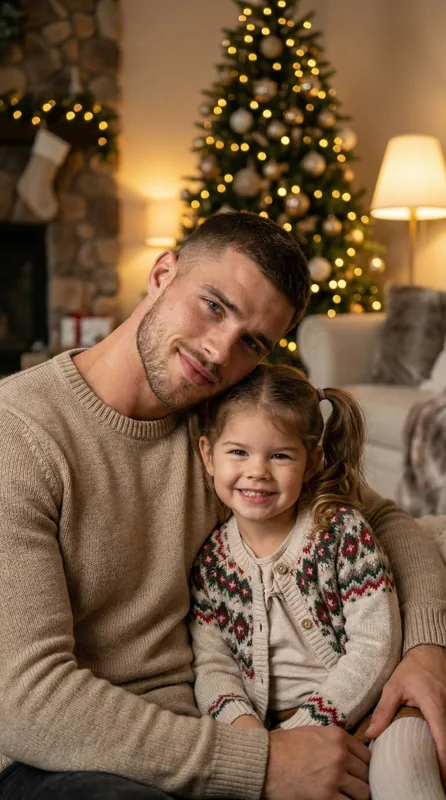 Ultra-realistic cinematic family lifestyle portrait of a father and daughter seated together in a cozy festive interior,