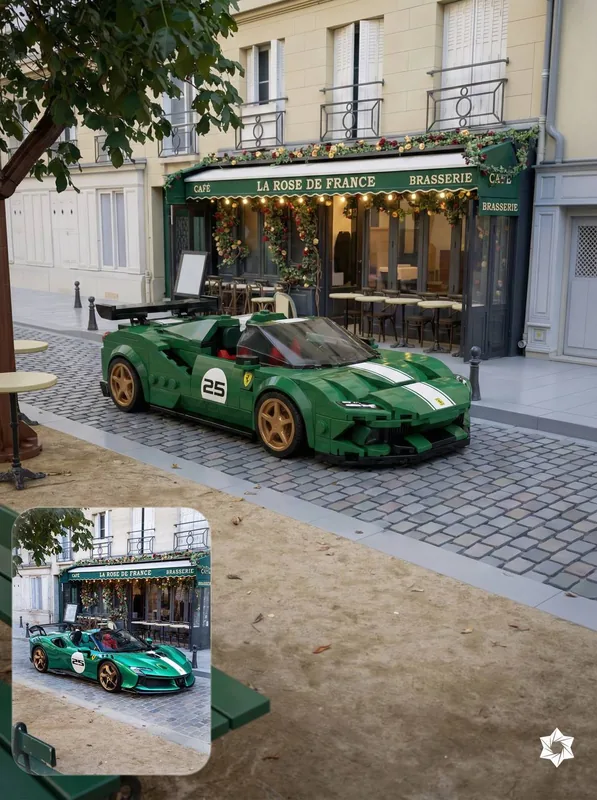 Transform the reference image into a high-quality LEGO-style render. Recreate the car as a LEGO Speed Champion style mod
